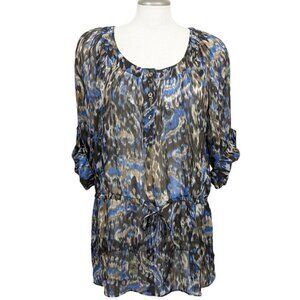 Tabi Sheer Top Blouse Womens XL Brown Blue Moody Abstract Print Drawstring Waist